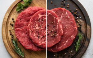 Side-by-side comparison of AAA lean-grade beef patties and grass-fed beef patties on wooden boards with herbs and spices.