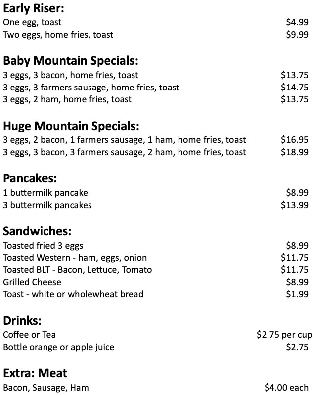 All Day Breakfast Menu